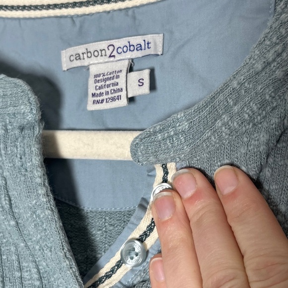 Carbon 2 Cobalt Cotton Ribbed Textured Henley Blue Long Sleeve Shirt Small - Picture 3 of 9